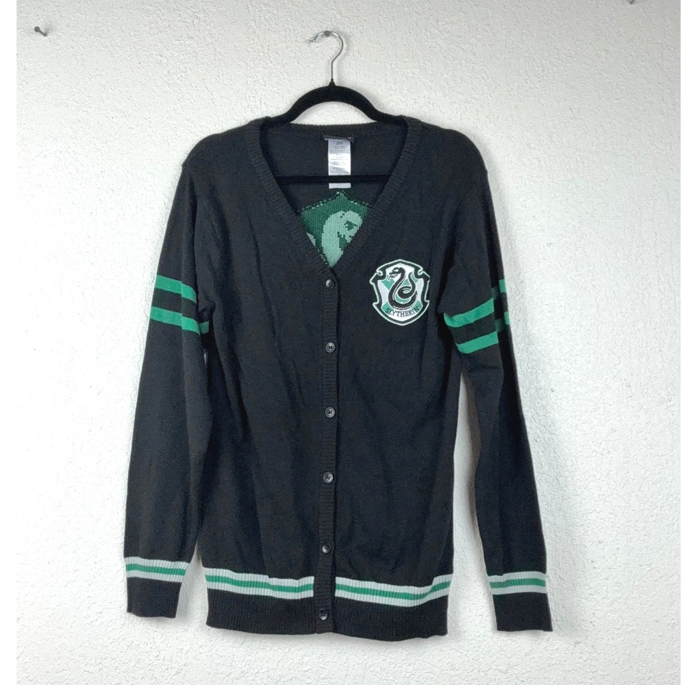 Harry Potter Black Slytherin Cardigan - Medium - Crest Striped Dark Academia